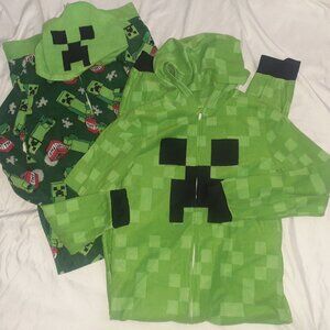 (2) MINECRAFT CREEPER COSTUMES HOODED UNION SUIT 1 PC PAJAMAS-BOYS SIZE L 14/16